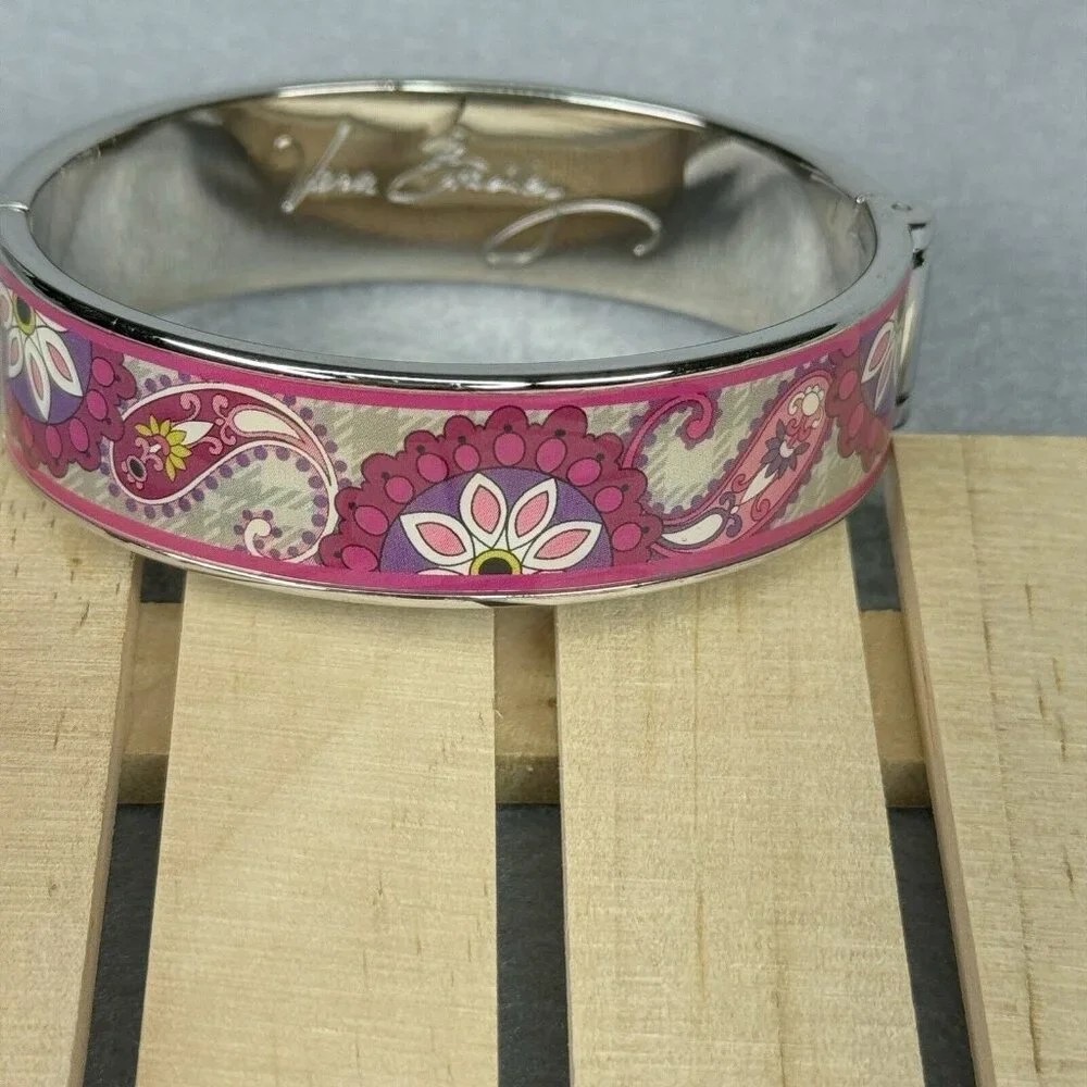 Vera Bradley Bracelet Paisley Meets Plaid Pink Silver Tone Clamper Bangle 7